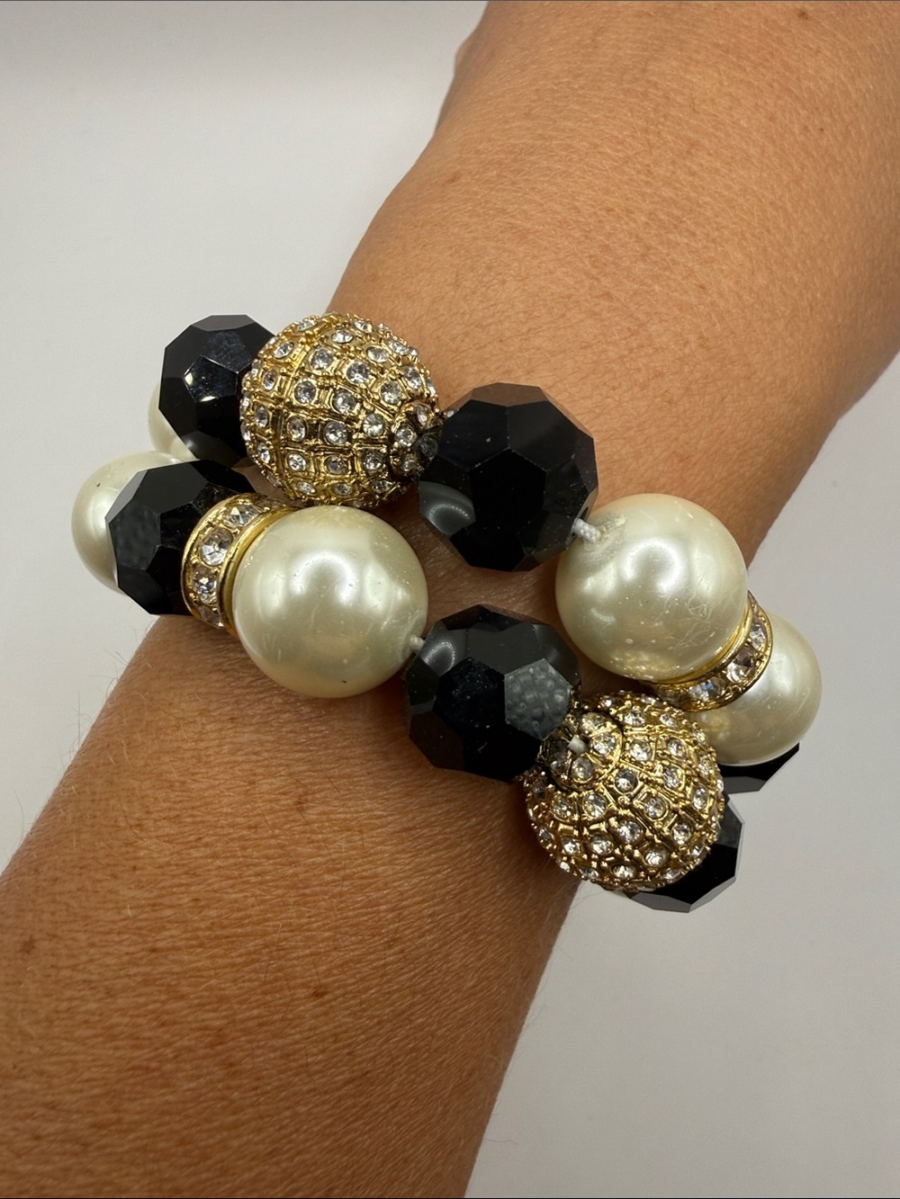 Vintage Gold Tone Rhinestone Faux Pearl Black Beaded Set of 2 Bangles Bracelets